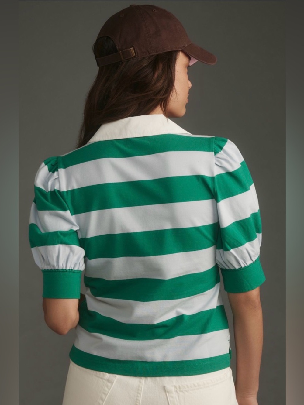 Anthro Maeve Puff Sleeve Green Blue Stripe Rugby Polo Shirt Top NWT - Picture 14 of 15